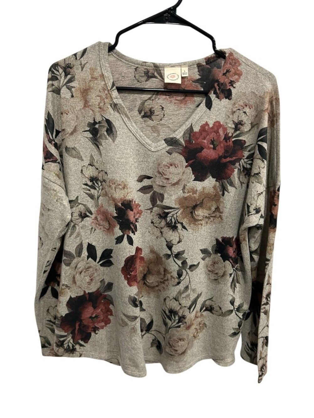 Live In The Moment Floral V-Neck Long Sleeve Top Size Large Beige Pink Red Boho